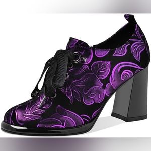 TinaCus Handmade Printed Suede Leather Round Toe Block Heel - Size 9